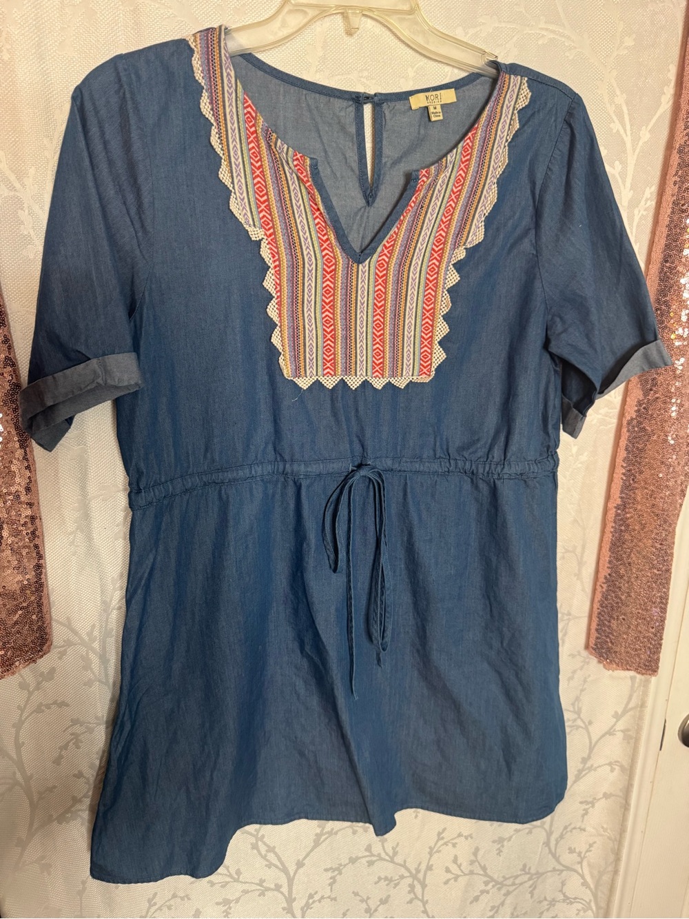 Kori Blue Embroidered V-Neck Drawstring Tunic